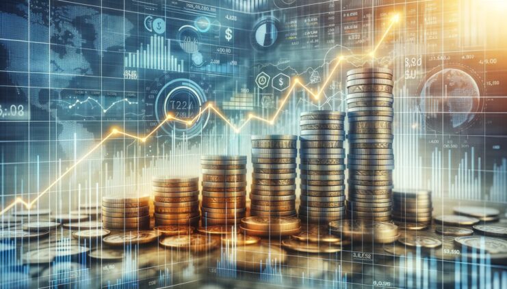 The visual elements feature a background photo of stacked coins representing financial growth, along with overlaid graphics resembling a stock market chart. These suggest a focus on financial services, investments, banking, and market analysis.
